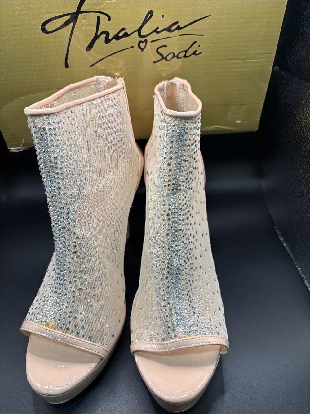 Thalia Sodi Blush Pink Rhinestone Peep-Toe Heeled Booties